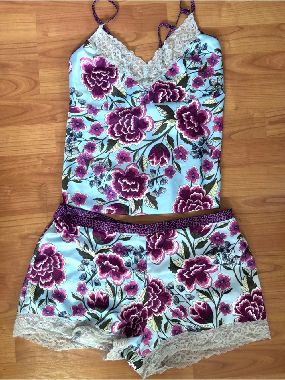 Y2K Floral Lace Trim Satin Cami & Shorts Sleep Set - Light Blue & Purple